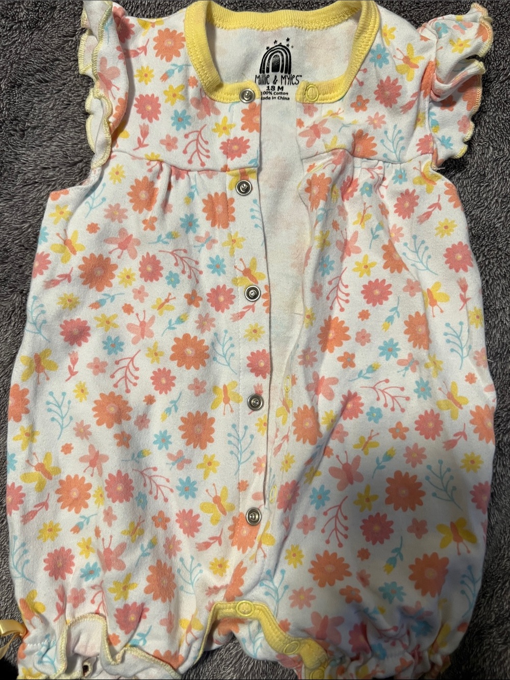 Millie & Myles Floral Snap Romper with Yellow Trim